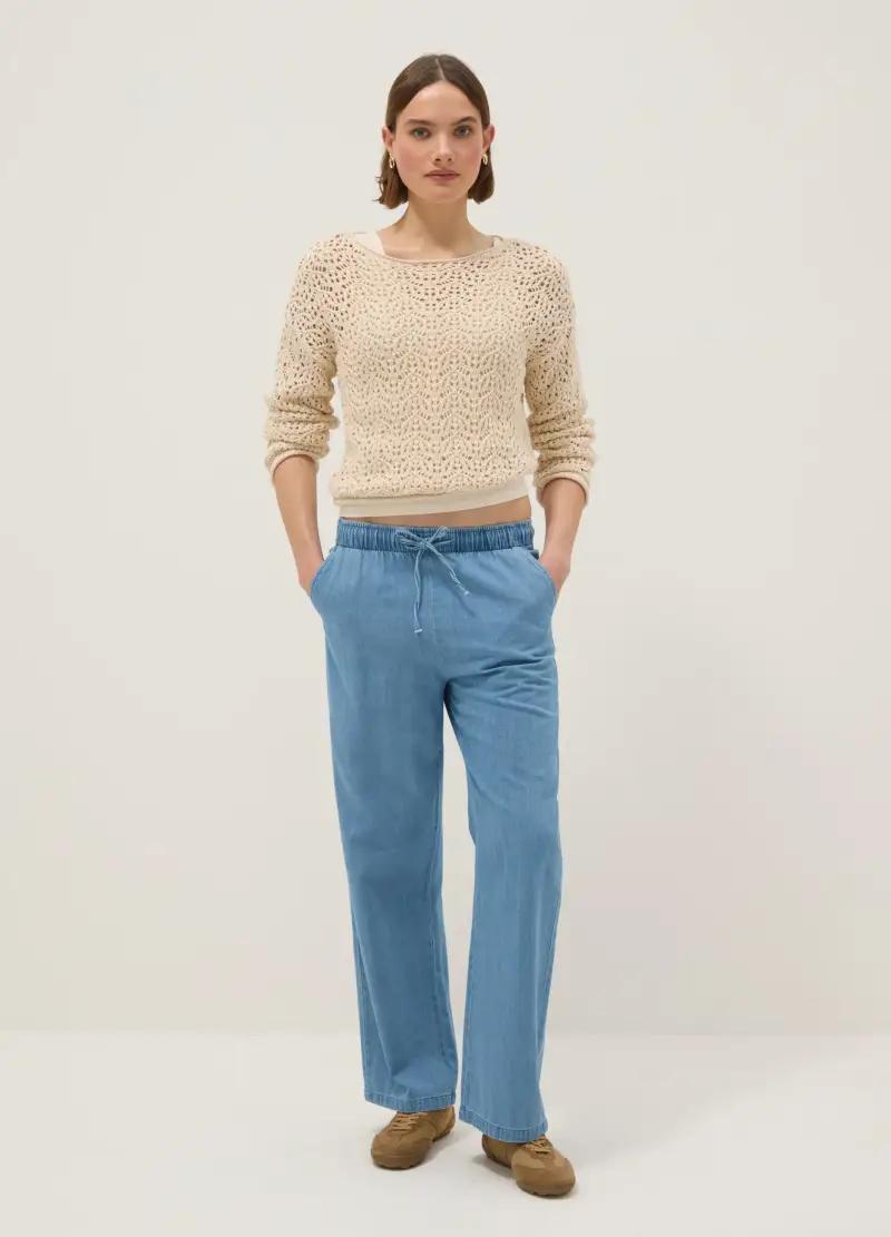 Maglione In Puro Cotone Beige Regular Fit Con Motivo Traforato, Donna, Beige miniatura 2