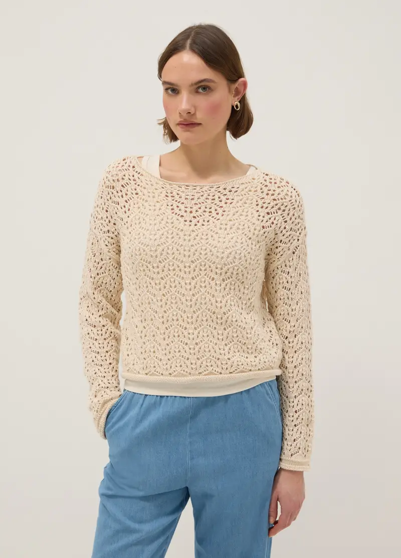 Maglione In Puro Cotone Beige Regular Fit Con Motivo Traforato, Donna, Beige