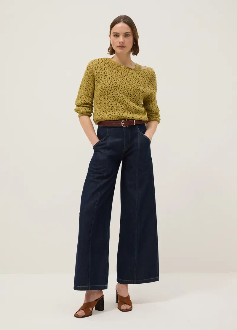 Maglione In Puro Cotone Giallo Regular Fit Con Motivo Traforato, Donna, Giallo miniatura 2