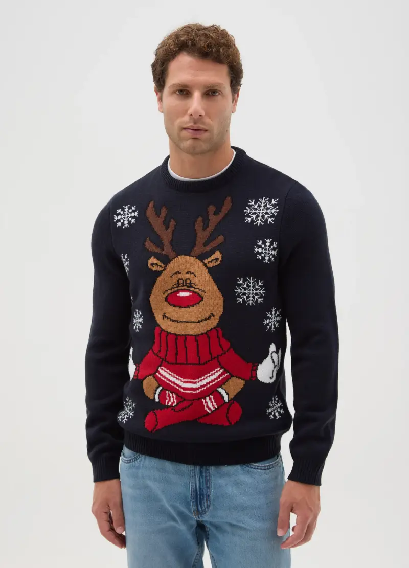 Maglione Natalizio Blu Regular Fit Con Ricamo Renna, Uomo, Multicolor