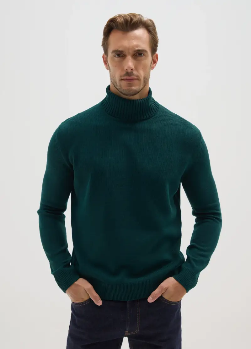 Maglione Verde A Collo Alto In Acrilico, Uomo, Verde