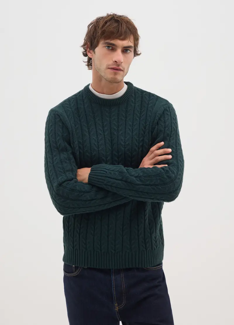 Maglione Verde Girocollo In Misto Lana, Uomo, Verde miniatura 2