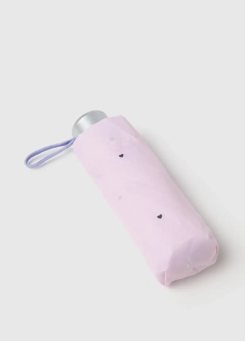 Ombrello Compatto Rosa Con Design A Cuori, Donna, Rosa