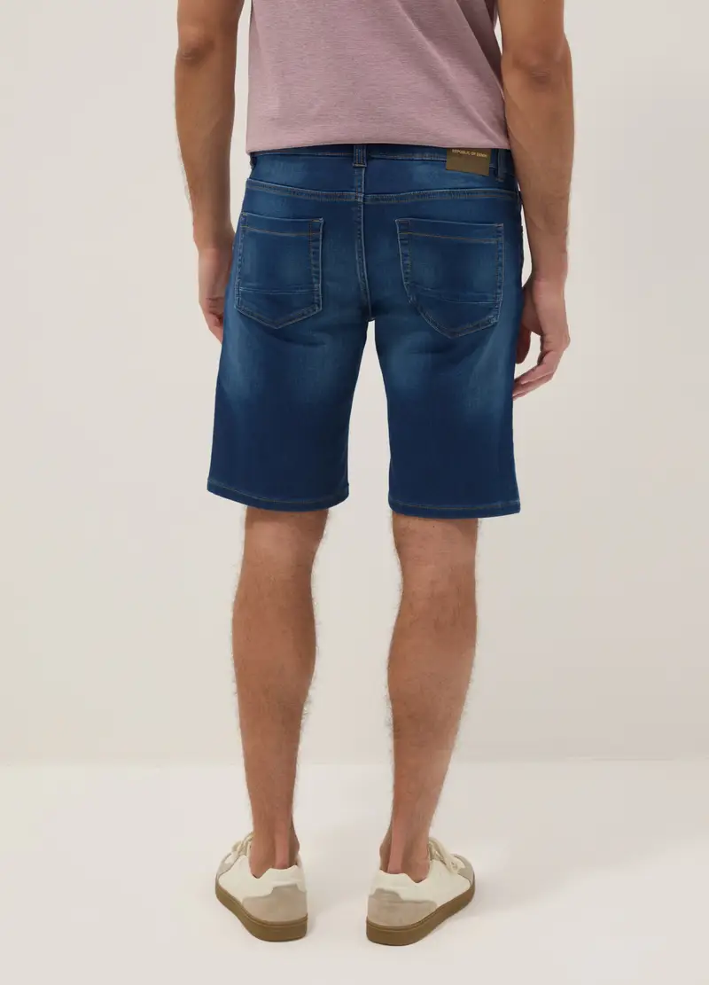 Pantaloncini In Misto Cotone Denim Elasticizzato Blu Slim Fit, Uomo, Blu miniatura 3