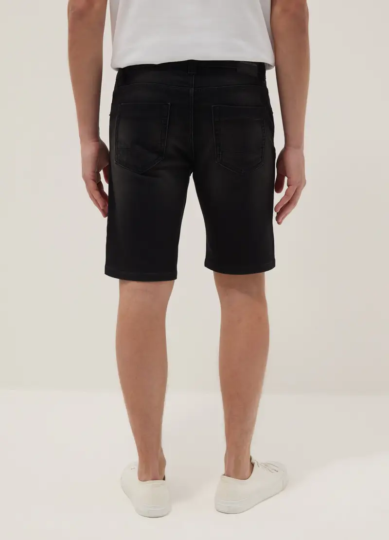 Pantaloncini In Misto Cotone Denim Elasticizzato Nero Slim Fit, Uomo, Nero miniatura 3