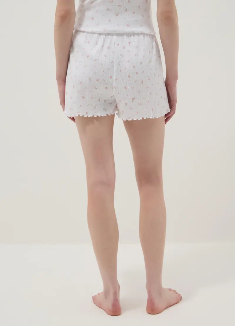 Pantaloncini Pigiama In Puro Cotone Bianco Regular Fit Con Fiorellini, Donna, Bianco miniatura 3