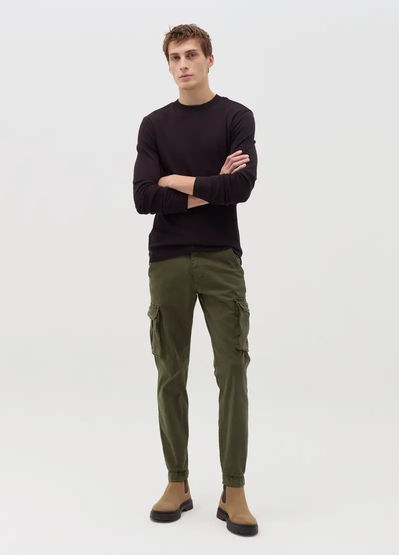 Pantalone Cargo Cuff-hem In Cotone Stretch, Uomo, Verde