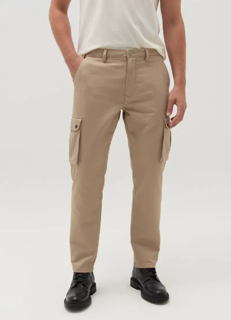 , Pantalone Cargo In Cotone Stretch, Uomo, Beige miniatura 2
