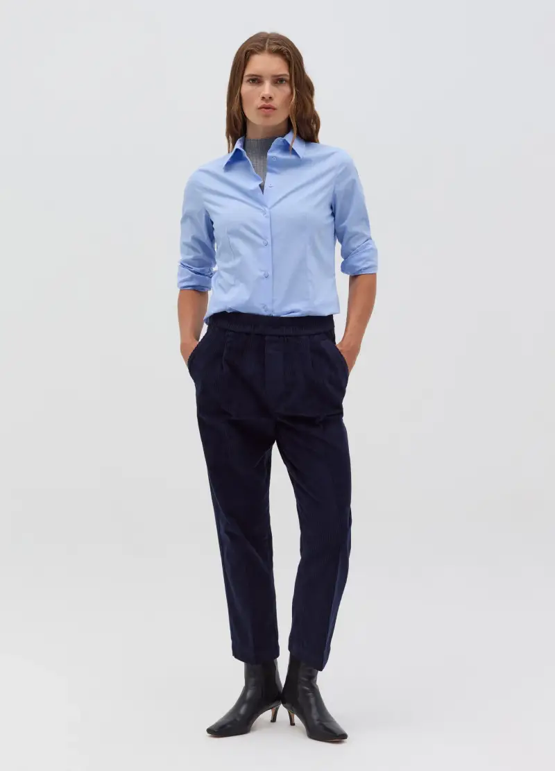 Pantalone Carrot Fit In Corduroy Con Pinces, Donna, Blu