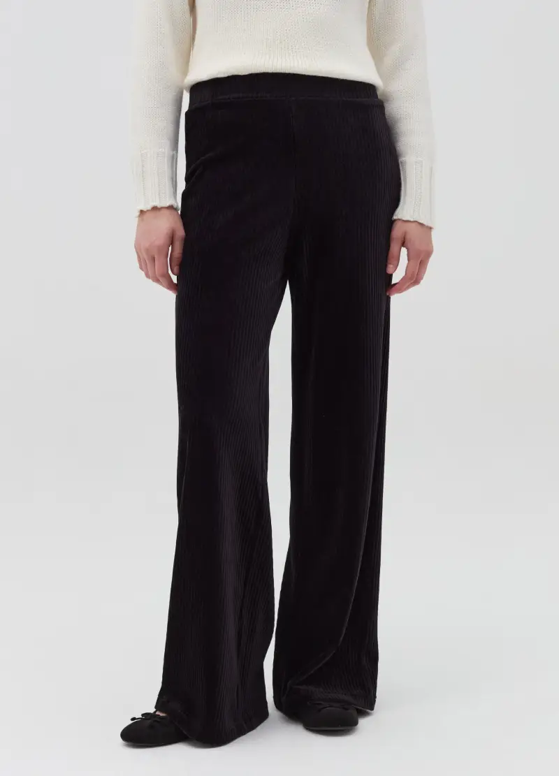 Pantalone Jogger A Gamba Larga In Corduroy, Donna, Nero miniatura 2
