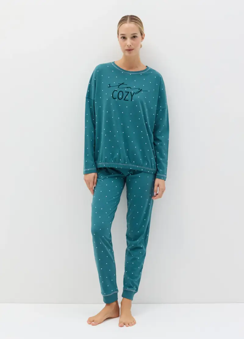 Pantalone Pigiama Stampa Stelline, Donna, Verde