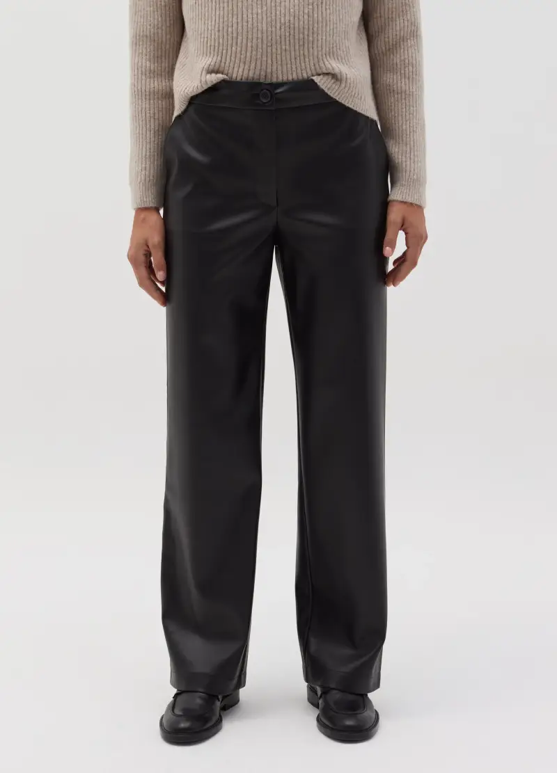 Pantalone Straight Fit Effetto Lucido, Donna, Nero miniatura 2