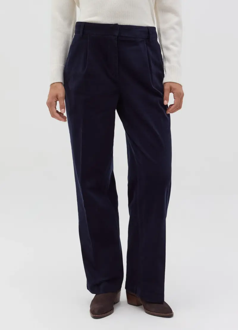 Pantalone Straight Fit In Corduroy Con Pinces, Donna, Blu miniatura 2