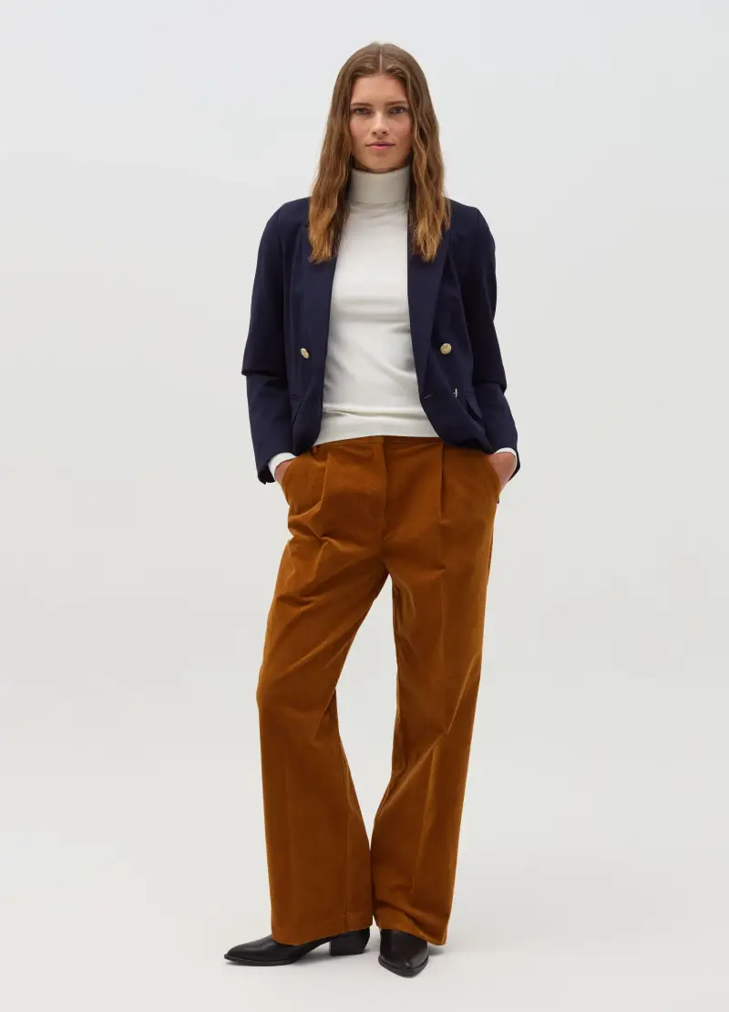 Pantalone Straight Fit In Corduroy Con Pinces, Donna, Marrone
