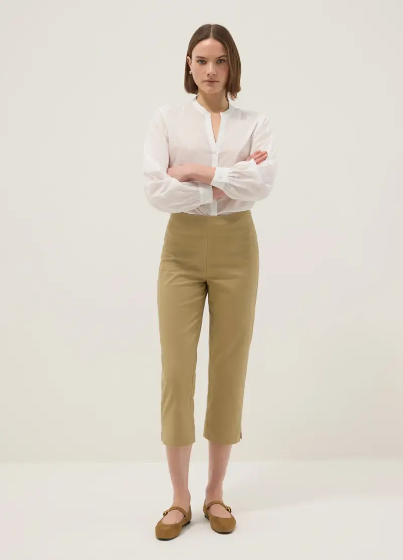 Pantaloni Alla Caviglia In Cotone Elasticizzato Beige Slim Fit, Donna, Beige