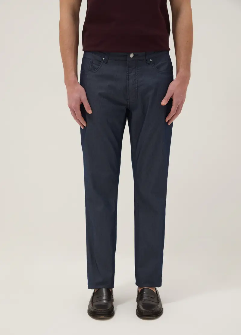 Pantaloni Blu In Cotone Elasticizzato A Cinque Tasche, Uomo, Blu miniatura 2