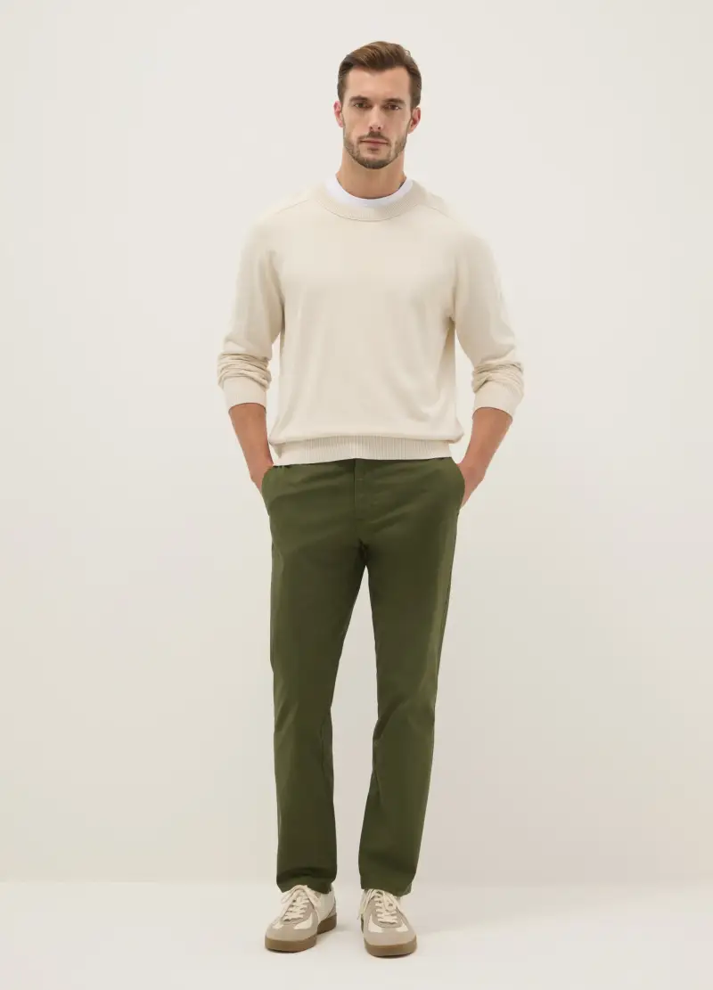 Pantaloni Chino In Cotone Elasticizzato Verde Regular Fit, Uomo, Verde