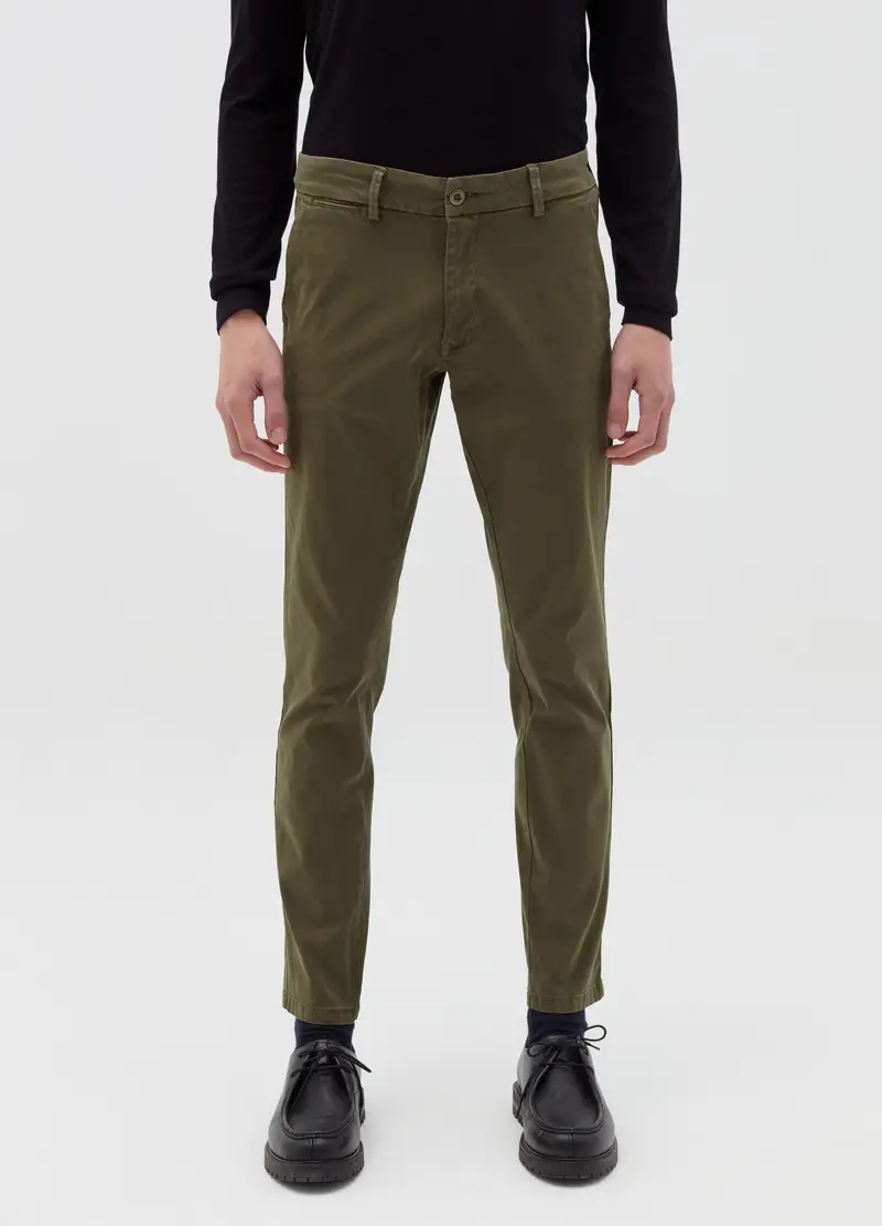 Pantaloni Chino In Cotone Stretch Tinta Unita, Uomo, Verde miniatura 2