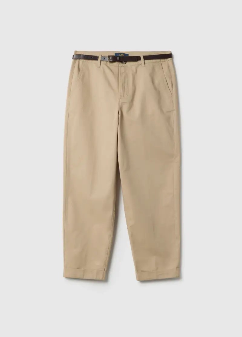Pantaloni Chino In Puro Cotone Beige Regular Fit Con Cintura, Donna, Beige