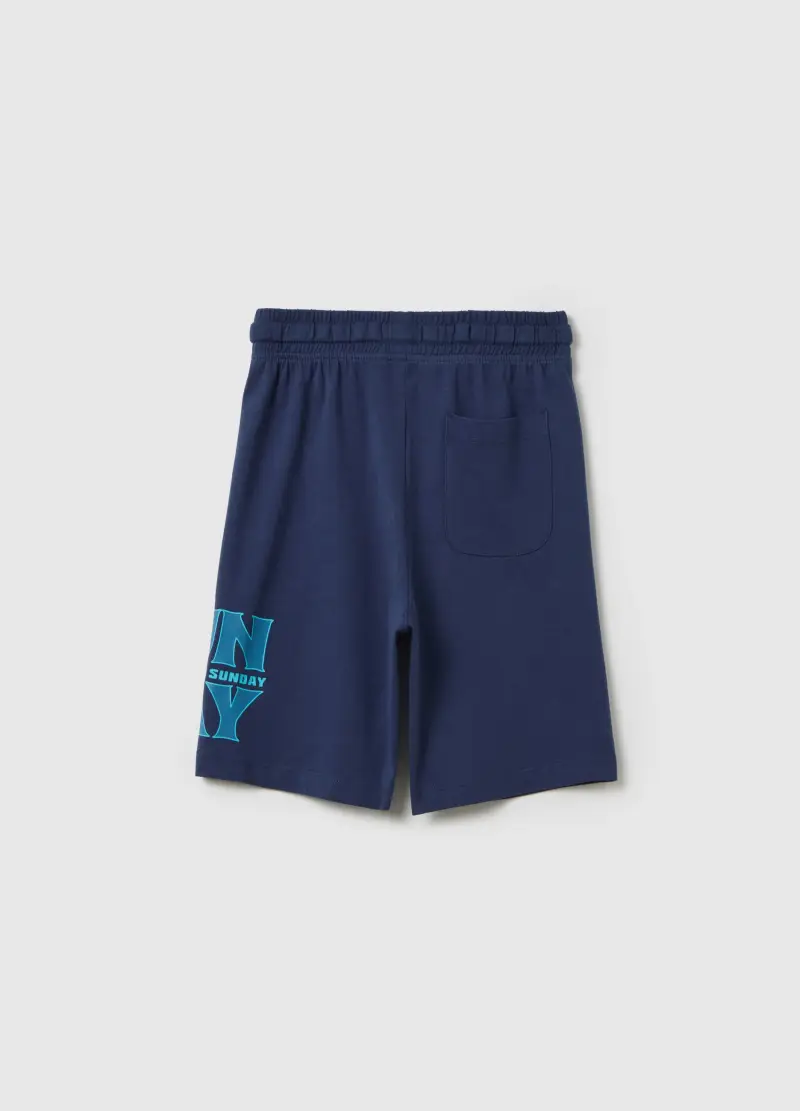 Pantaloni Corti Da Bambino In Puro Cotone Blu Con Vita Regular, Blu miniatura 2