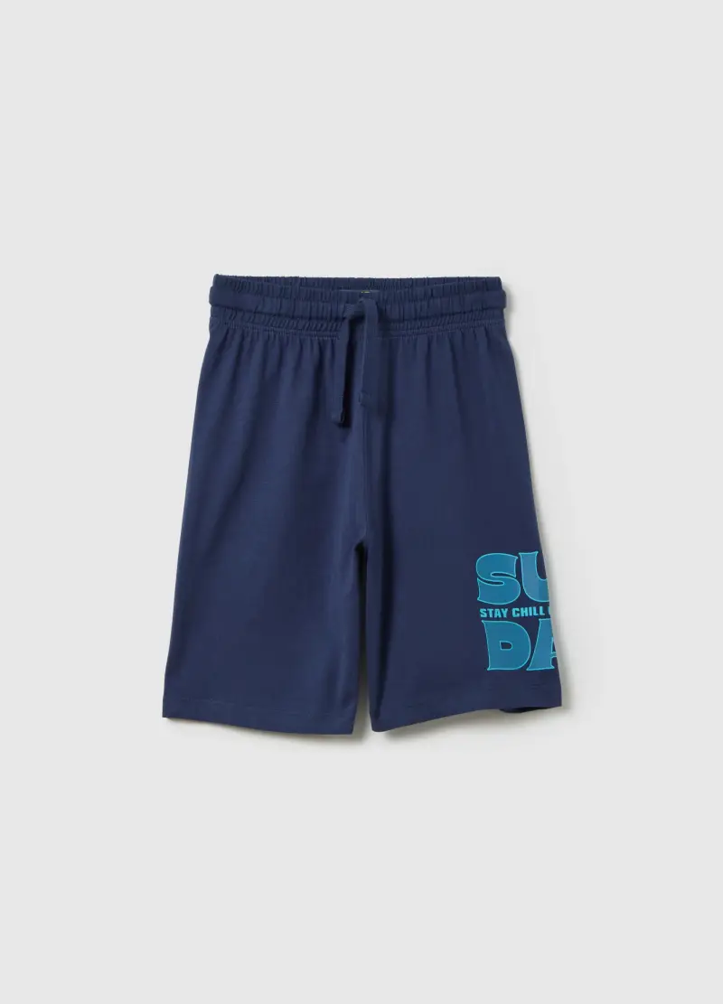 Pantaloni Corti Da Bambino In Puro Cotone Blu Con Vita Regular, Blu