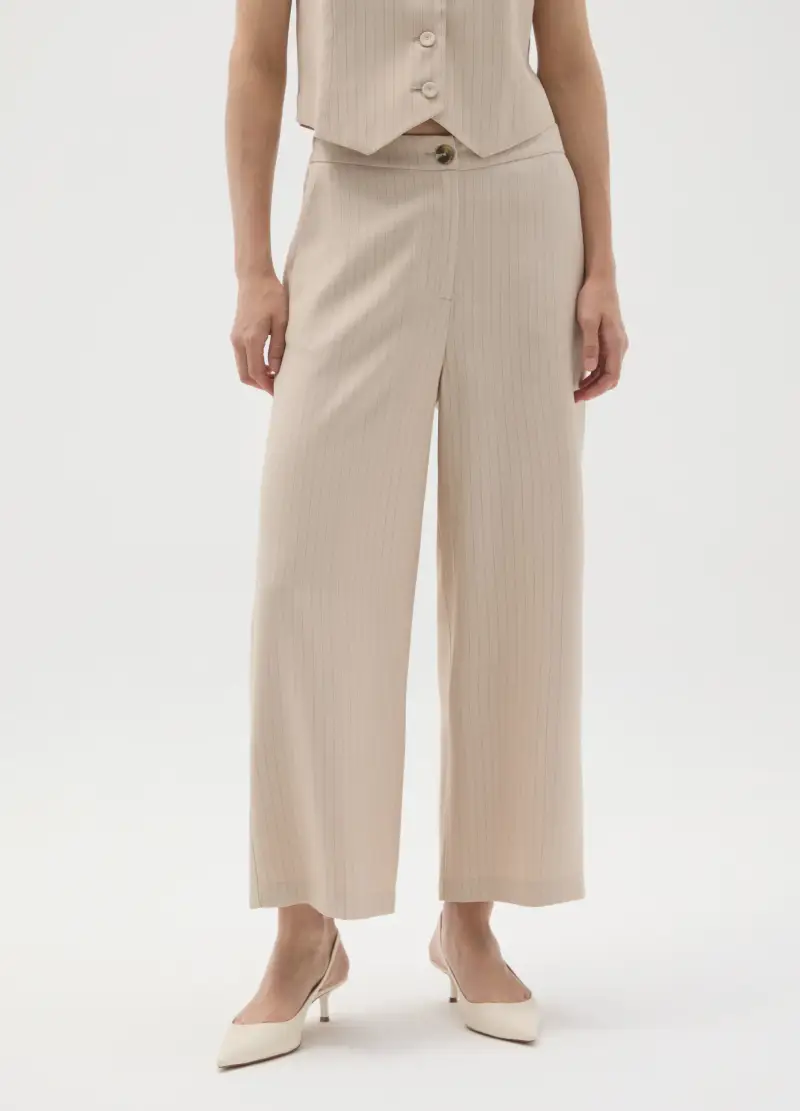 Pantaloni Culotte In Viscosa Beige Wide Leg, Donna, Beige miniatura 2