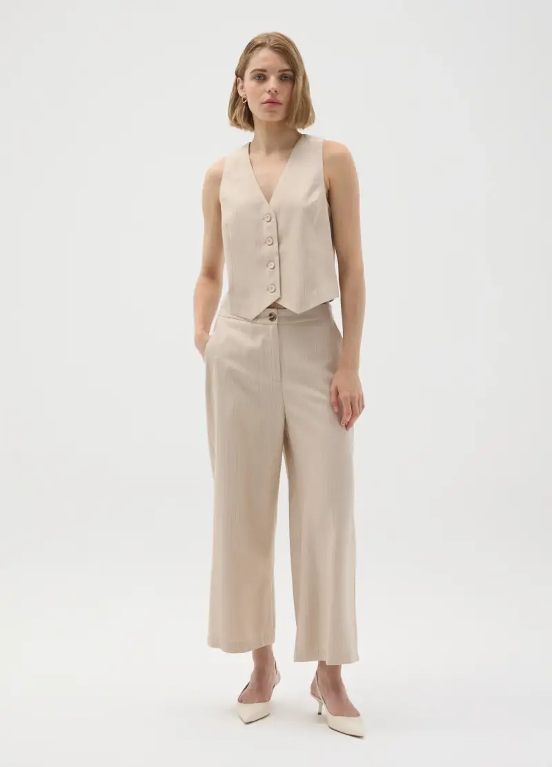 Pantaloni Culotte In Viscosa Beige Wide Leg, Donna, Beige