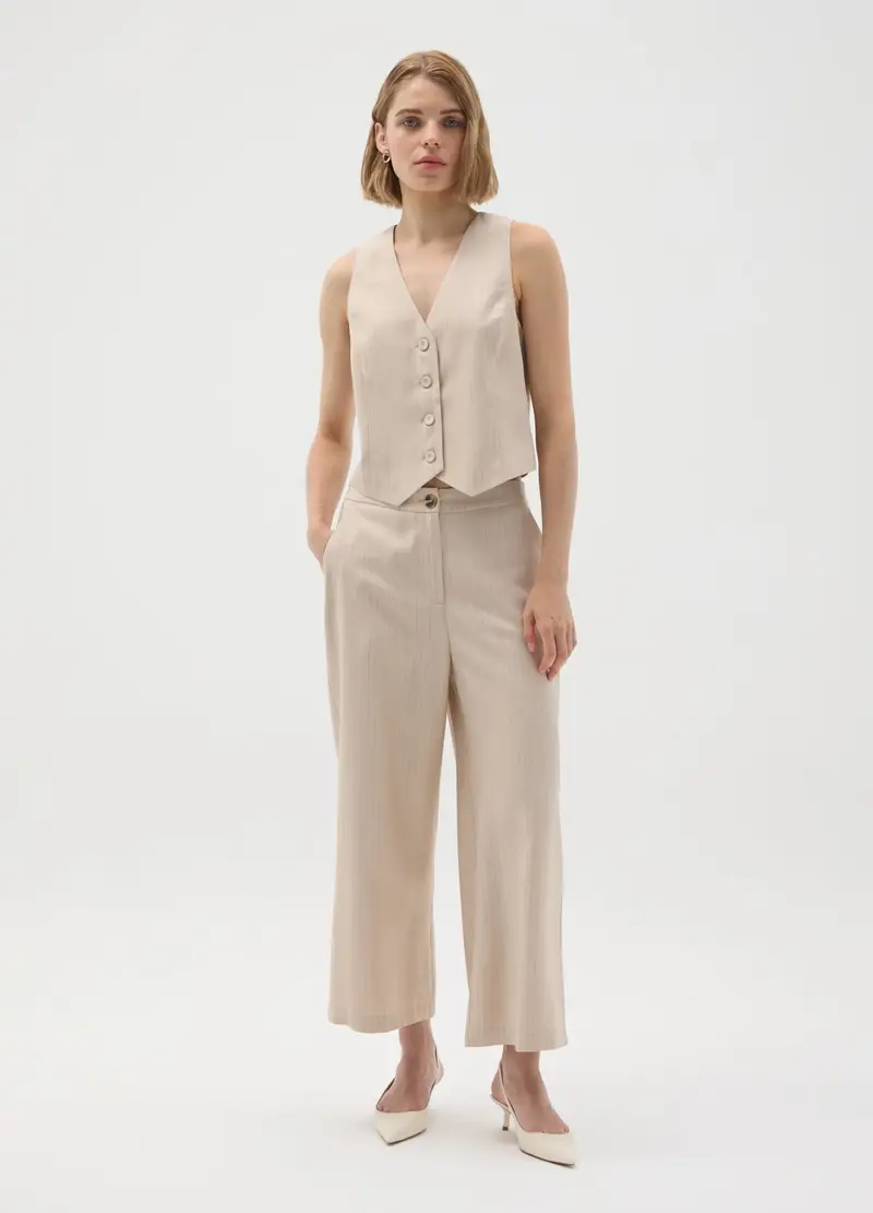 OVS , Pantaloni Culotte In Viscosa Beige Wide Leg, Donna, Beige, Taglia: 42