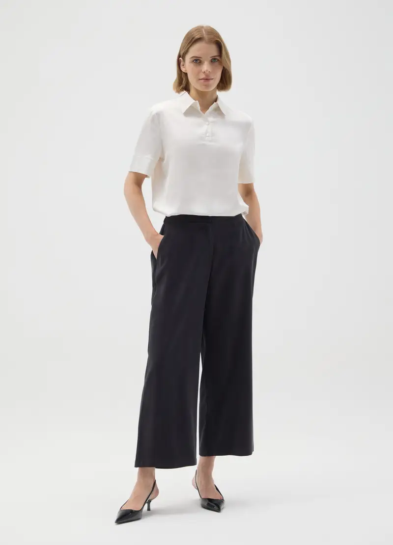 Pantaloni Culotte In Viscosa Neri Wide Leg, Donna, Nero