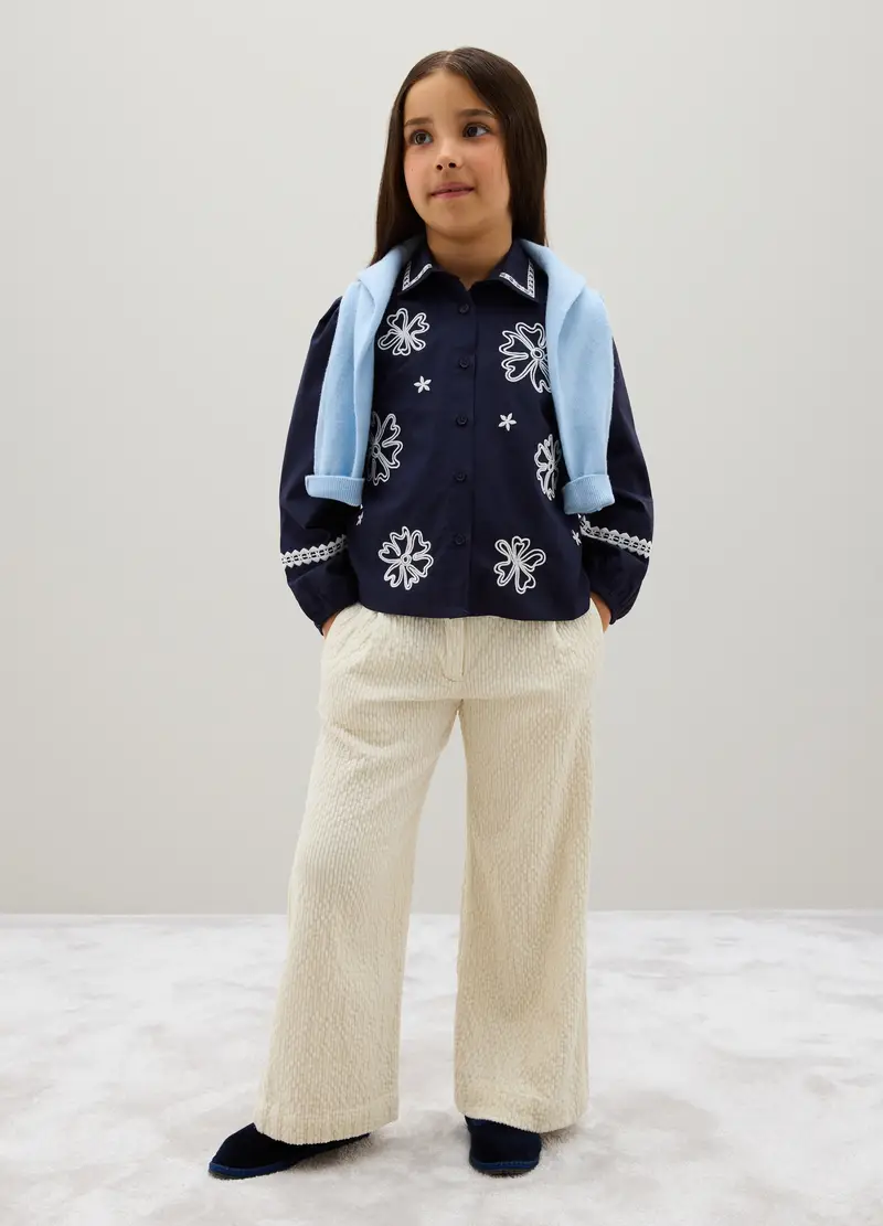 Pantaloni Da Bambina In Velluto Beige A Gamba Larga, Beige