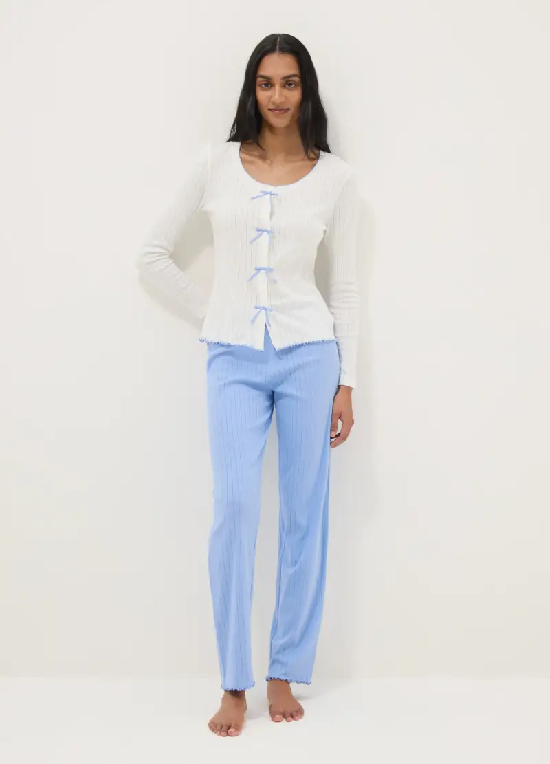 Pantaloni Da Pigiama In Puro Cotone Azzurri Regular Fit, Donna, Azzurro