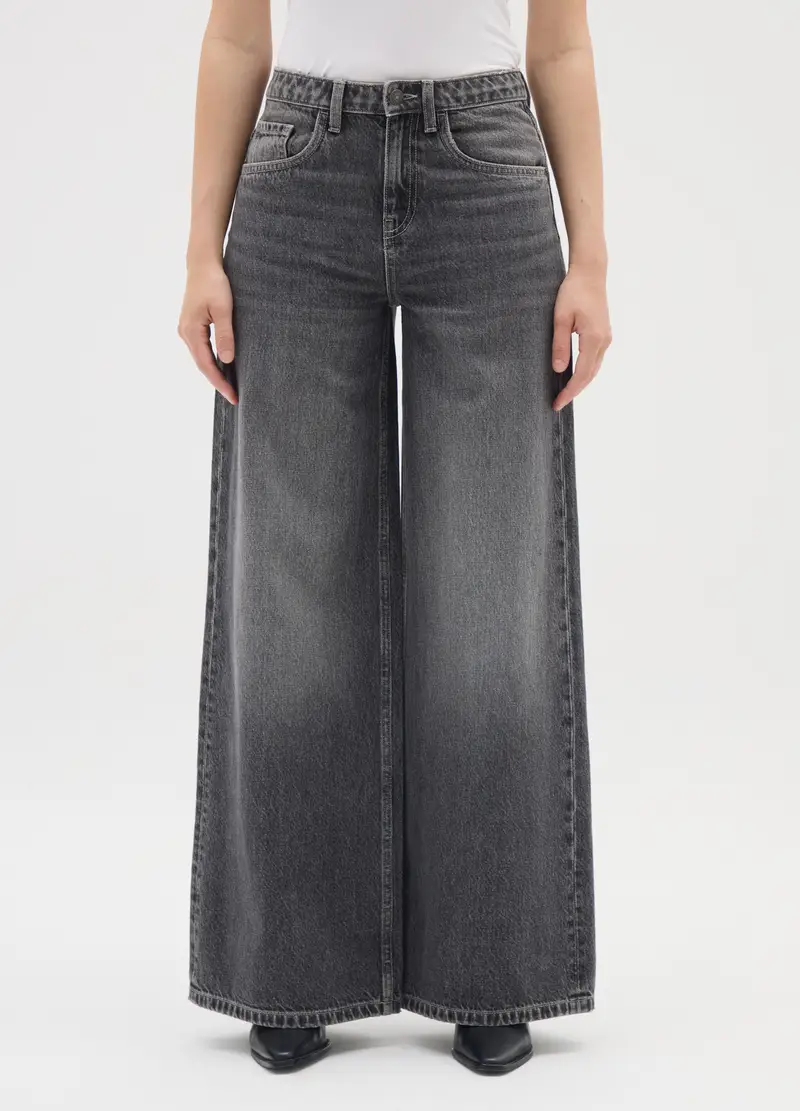 Pantaloni Grigi A Gamba Larga In Cotone, Donna, Grigio miniatura 2