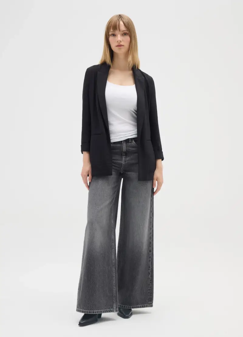 Pantaloni Grigi A Gamba Larga In Cotone, Donna, Grigio