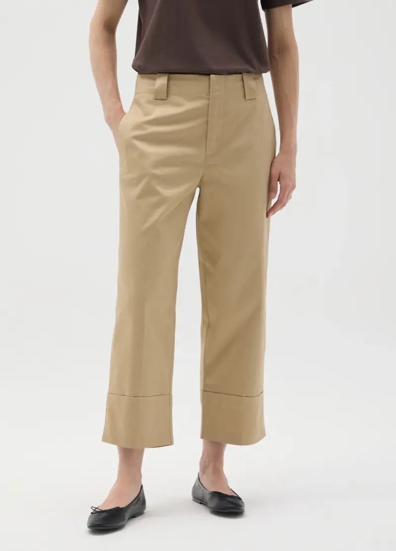Pantaloni In Cotone Beige Regular Fit, Donna, Beige miniatura 2