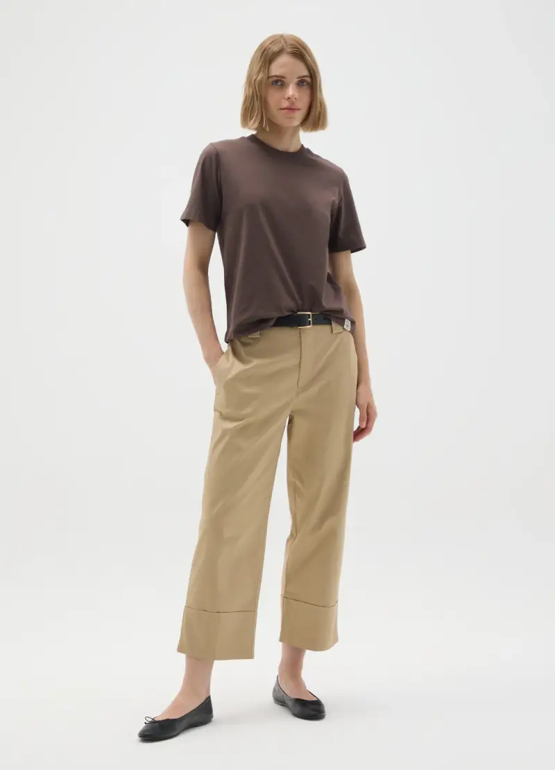 Pantaloni In Cotone Beige Regular Fit, Donna, Beige