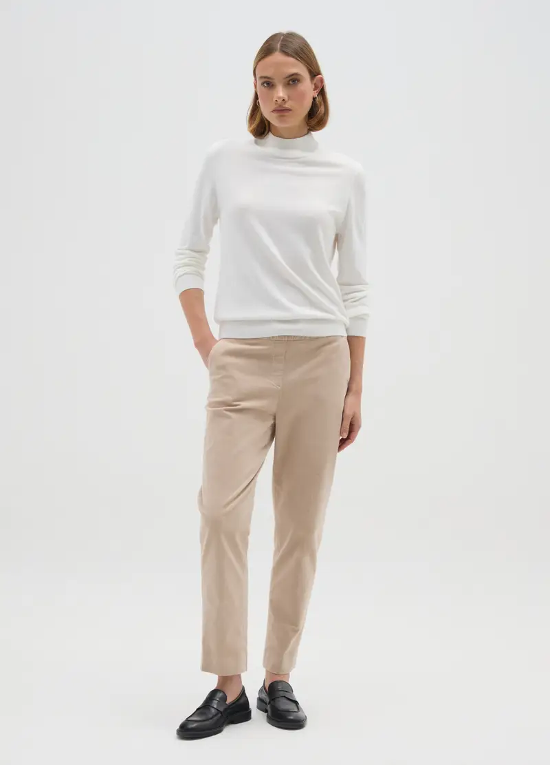 Pantaloni In Cotone Elasticizzato Beige Regular Fit, Donna, Beige