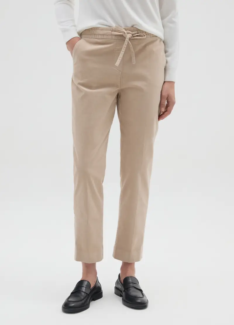 Pantaloni In Cotone Elasticizzato Beige Regular Fit, Donna, Beige miniatura 2