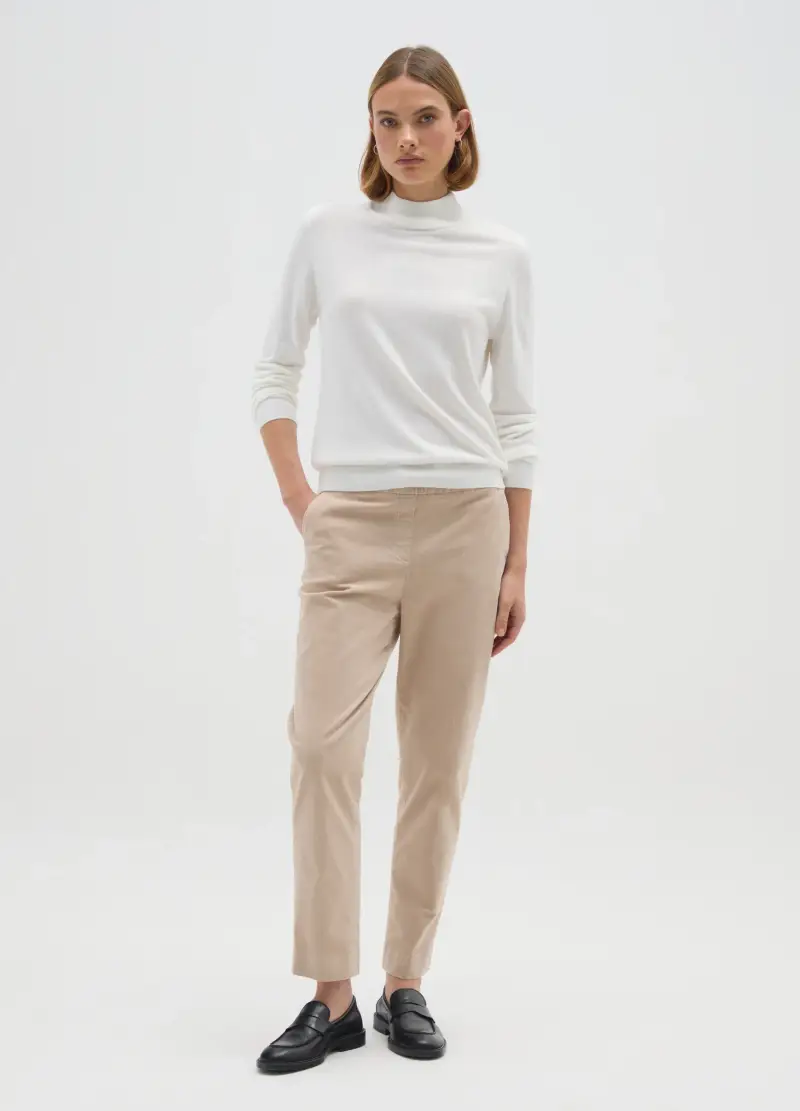 Pantaloni In Cotone Elasticizzato Beige Regular Fit, Donna, Beige