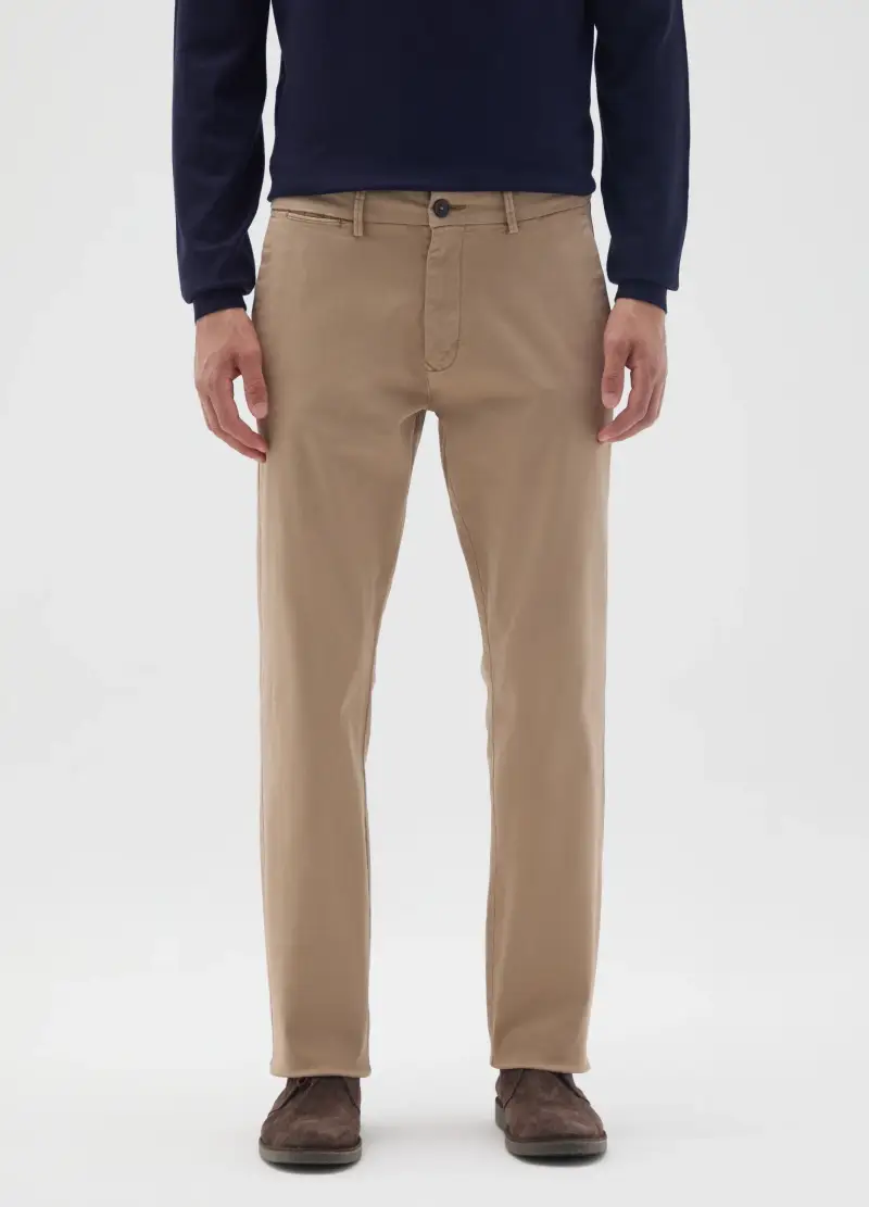 Pantaloni In Cotone Elasticizzato Beige Regular Fit, Uomo, Beige miniatura 2