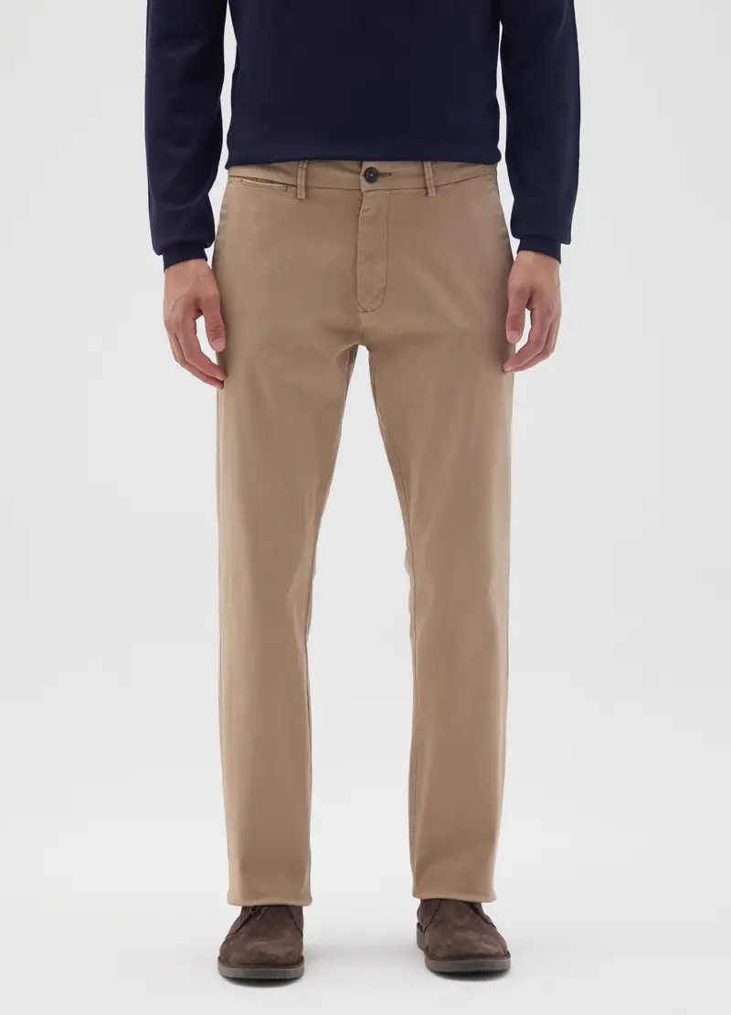 Pantaloni In Cotone Elasticizzato Beige Regular Fit, Uomo, Beige miniatura 2