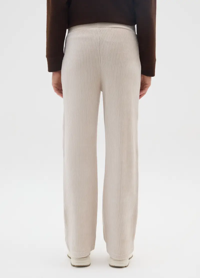 Pantaloni In Cotone Elasticizzato Beige Wide Leg, Donna, Beige miniatura 3