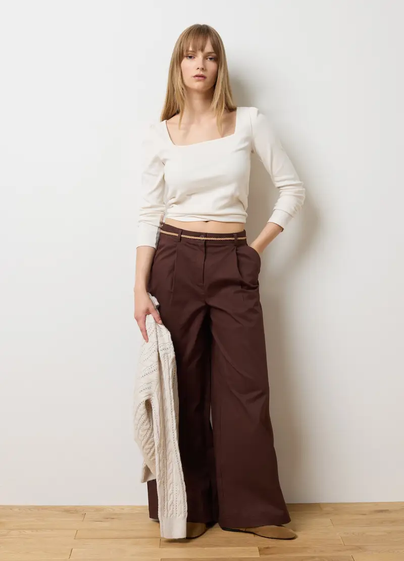 Pantaloni In Cotone Elasticizzato Marroni Wide Leg, Donna, Marrone