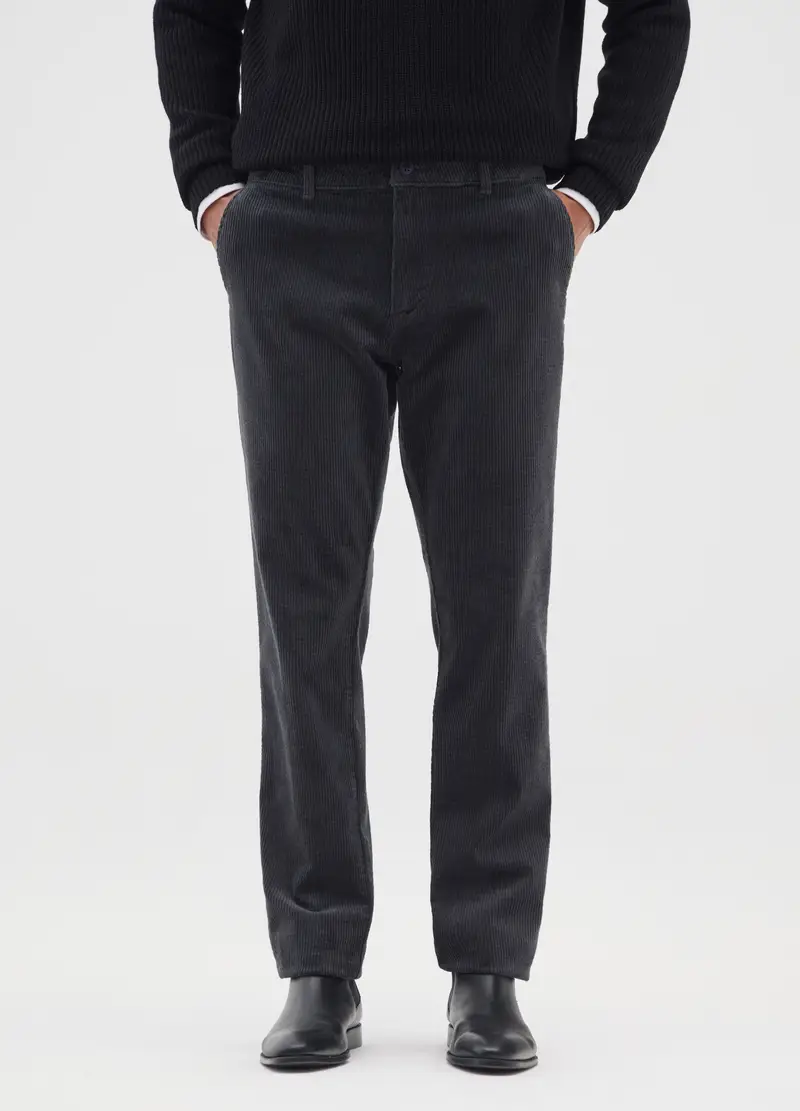 Pantaloni In Cotone Elasticizzato Neri Regular Fit A Coste, Uomo, Nero miniatura 2