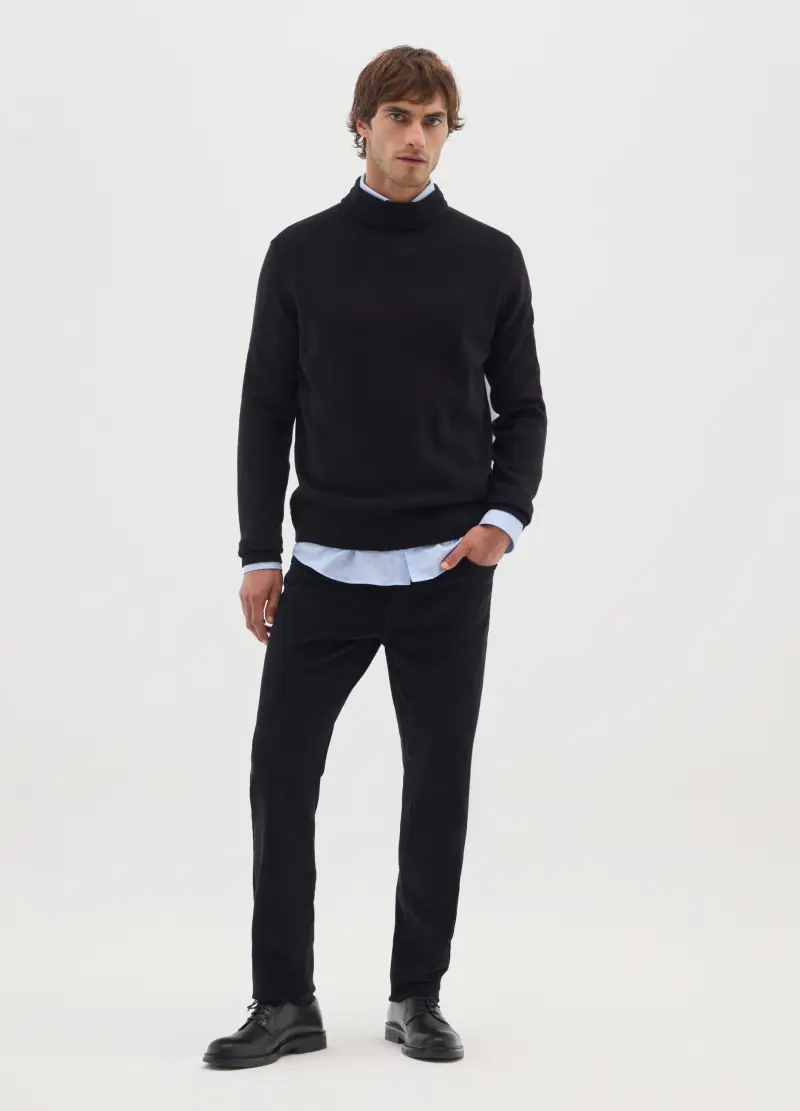 Pantaloni In Cotone Elasticizzato Neri Slim Fit A Coste, Uomo, Nero