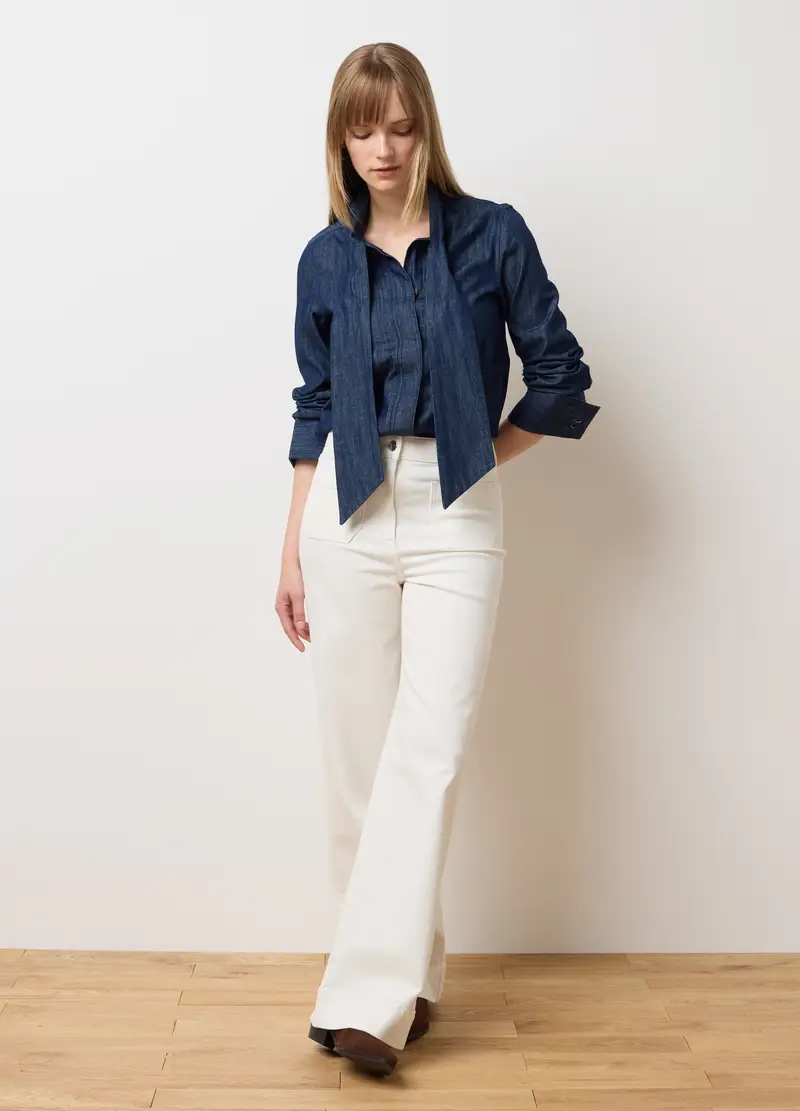 Pantaloni In Denim Beige A Gamba Larga, Donna, Beige