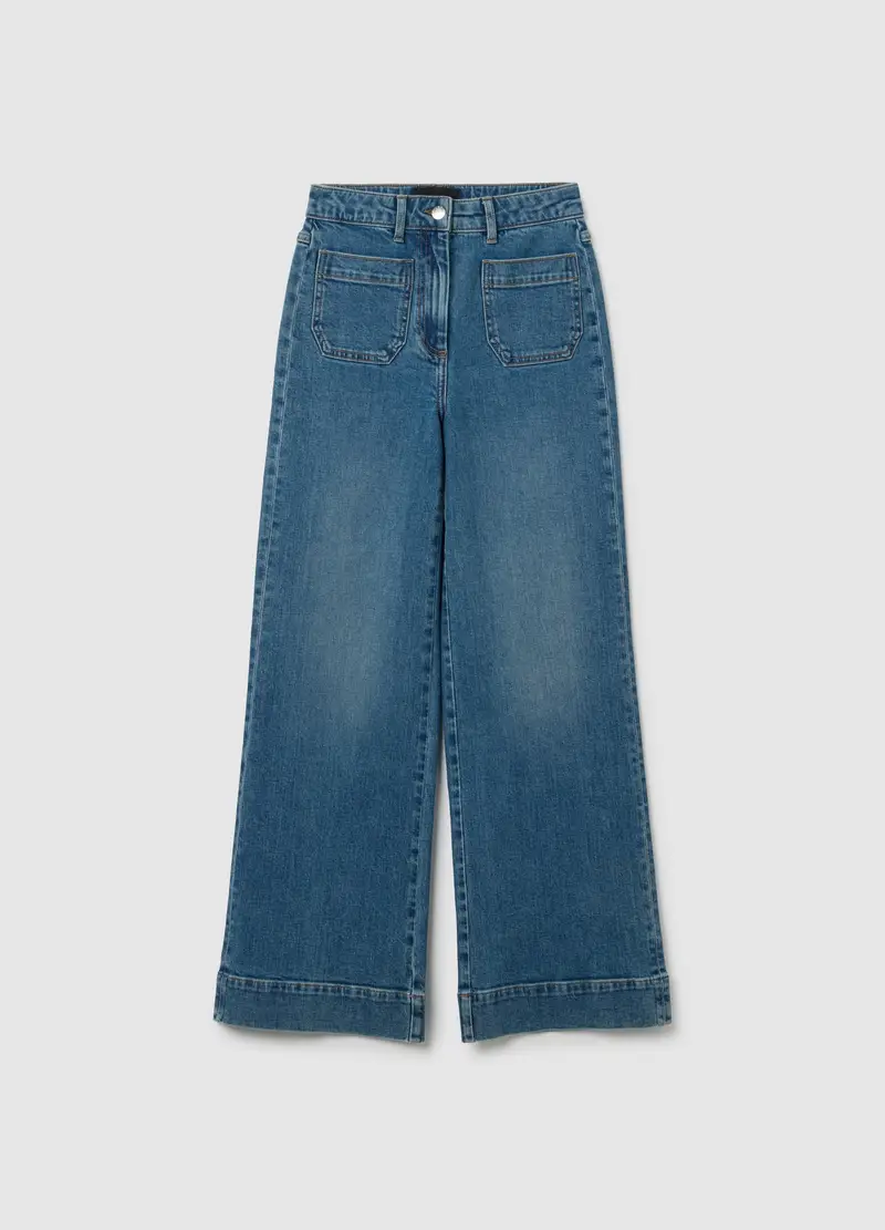 OVS, Pantaloni In Denim Elasticizzato Blu Wide Leg, Donna, Denim, Taglia: 44