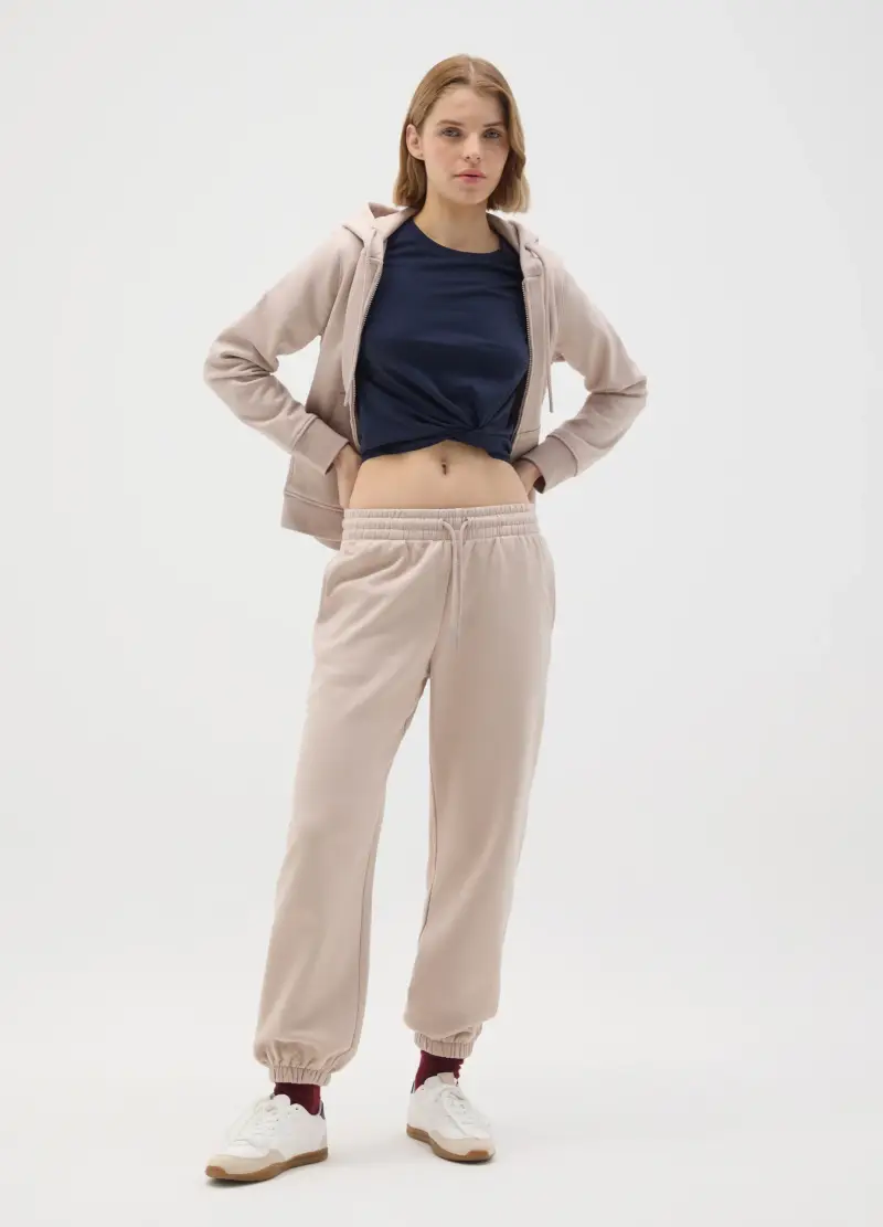 Pantaloni In Misto Cotone Beige Regular Fit, Donna, Beige