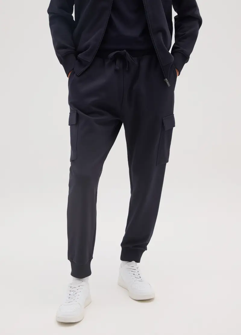 Pantaloni In Misto Cotone Blu Con Tasche Cargo, Uomo, Blu miniatura 2