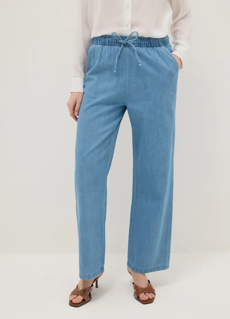 Pantaloni In Puro Cotone Denim Azzurri Wide Leg Con Elastico In Vita, Donna, Azzurro miniatura 2
