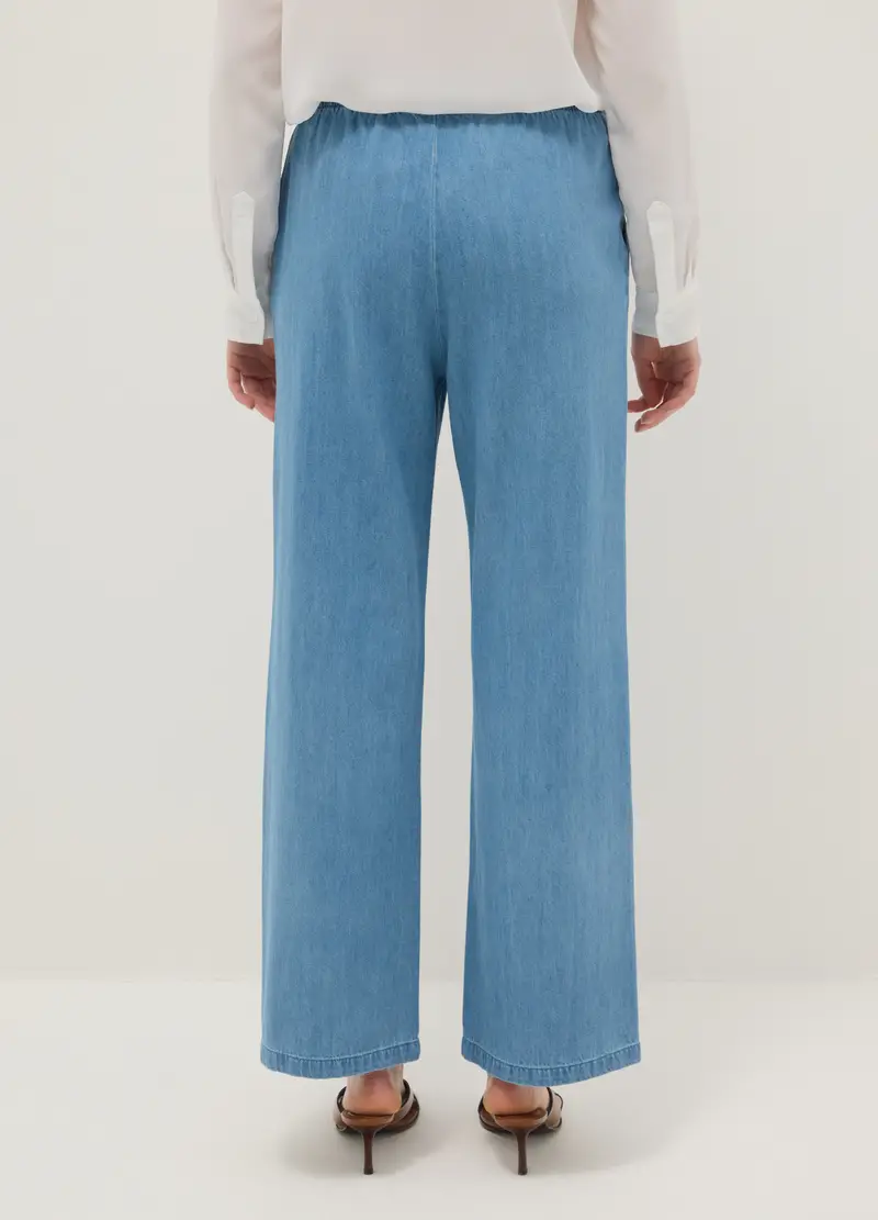 Pantaloni In Puro Cotone Denim Azzurri Wide Leg Con Elastico In Vita, Donna, Azzurro miniatura 3